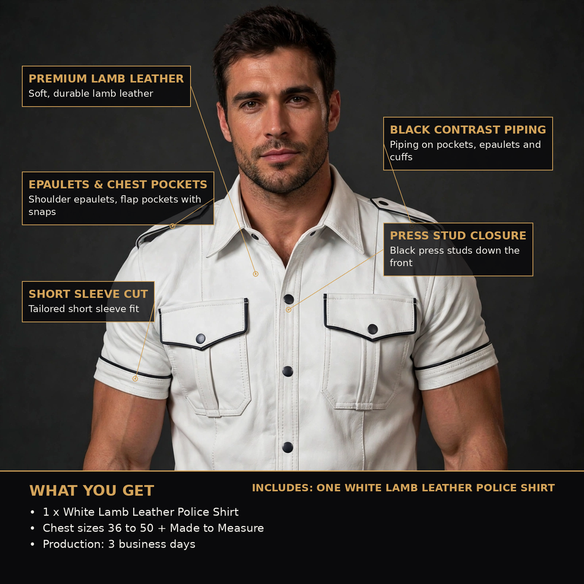 White police shirt infographic, model worn; black piping, epaulets, press studs, what you get