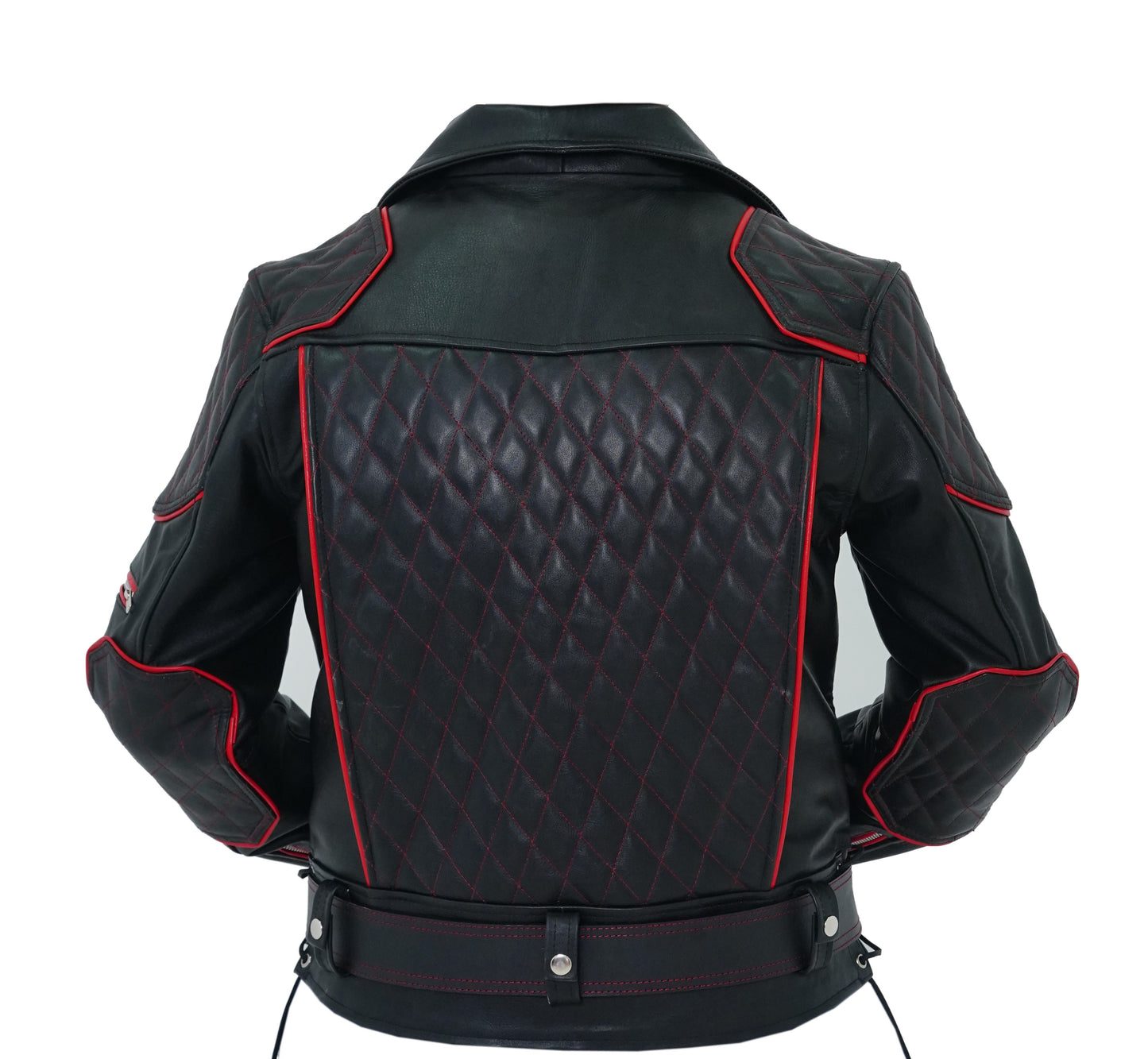 Men's Brando Cowhide Leather Biker Jacket with Quilted Panels & Red Accents