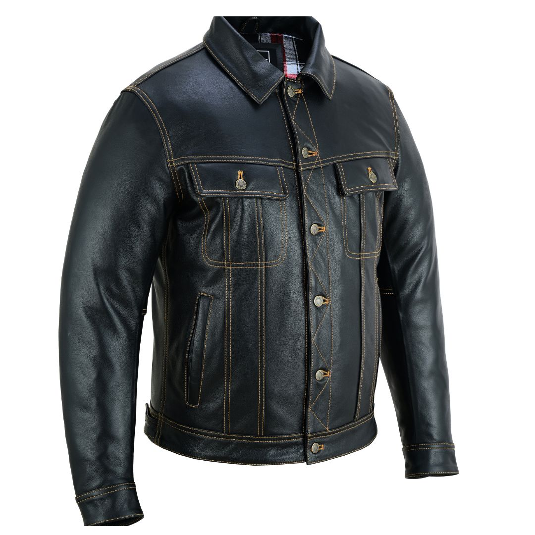 Men’s Cow Leather Trucker Jacket – Classic Levi’s Style, Contrast Stitching