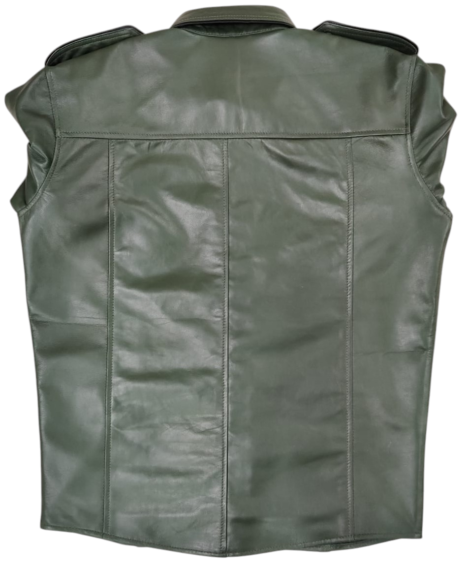 Men's Lamb Leather Police Shirt with Tie – Green with Black Piping