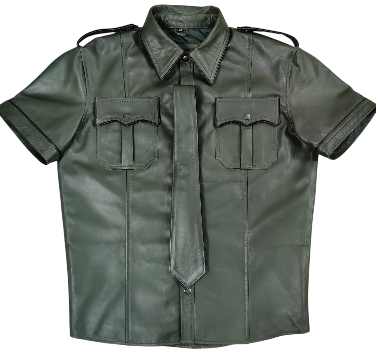 Men's Lamb Leather Police Shirt with Tie – Green with Black Piping