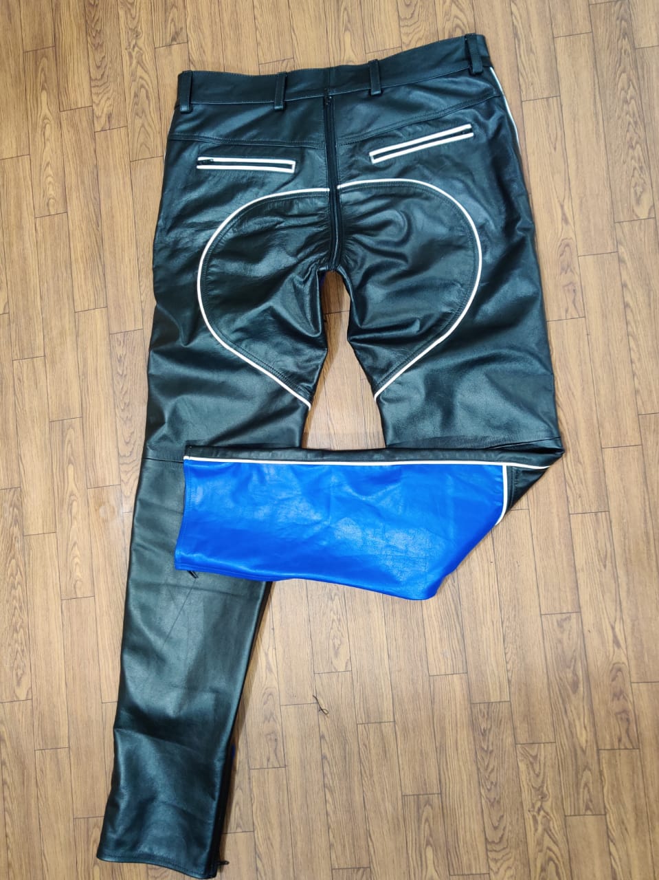 Men's Cowhide Leather BLUF Biker Pants with Blue Panels & White Piping