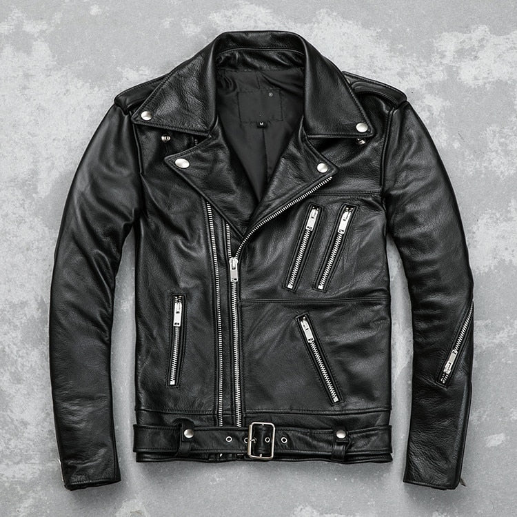 Men’s Classic Brando Leather Biker Jacket – Studded Lapels & Zip Cuffs