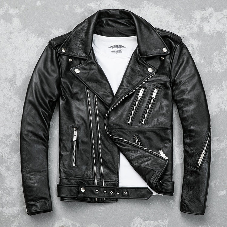 Men’s Classic Brando Leather Biker Jacket – Studded Lapels & Zip Cuffs