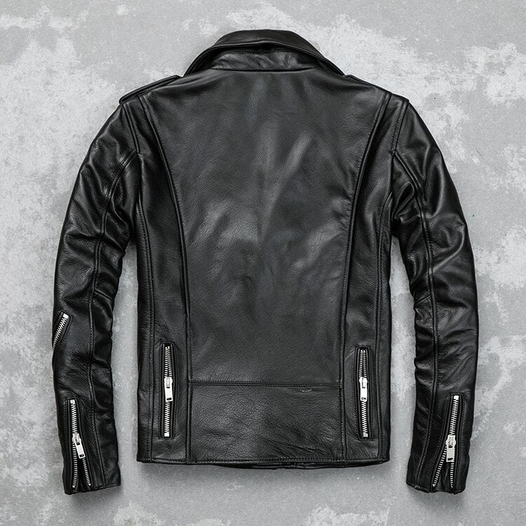 Men’s Classic Brando Leather Biker Jacket – Studded Lapels & Zip Cuffs
