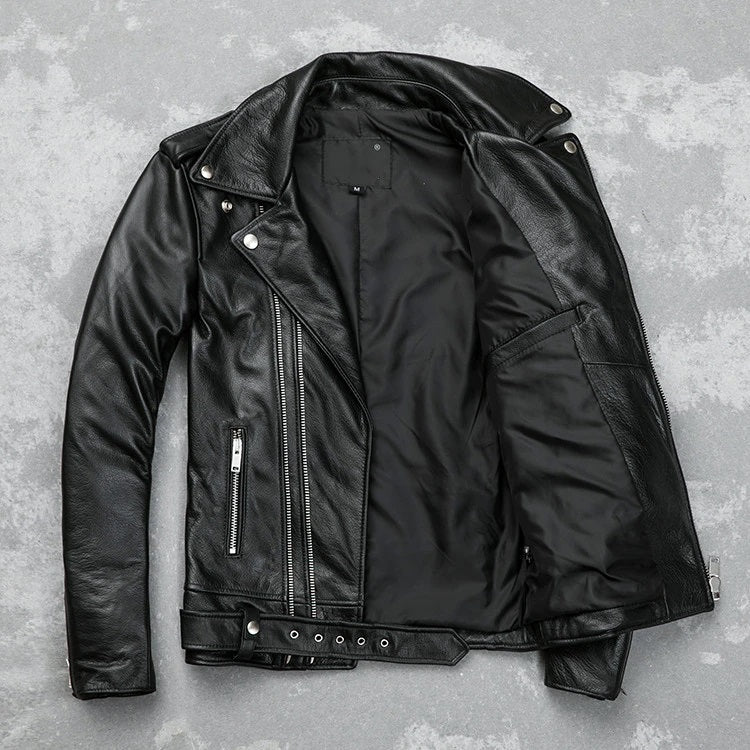 Men’s Classic Brando Leather Biker Jacket – Studded Lapels & Zip Cuffs