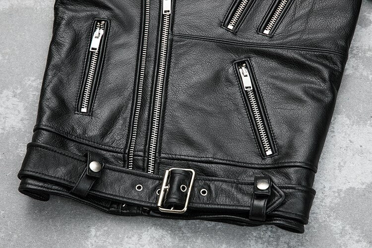 Men’s Classic Brando Leather Biker Jacket – Studded Lapels & Zip Cuffs