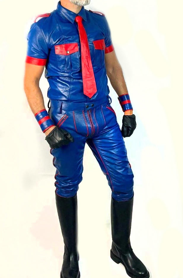 Complete Leather Uniform Set with Red Piping β Pants, Police Shirt, Tie & Wrist Bands
