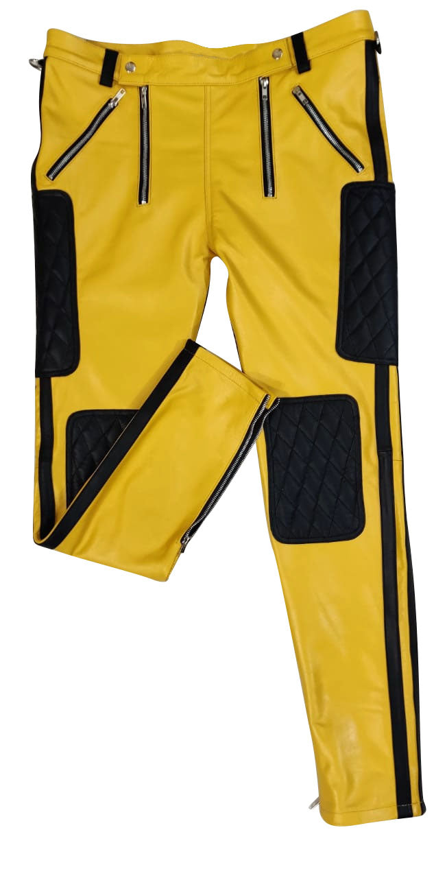 Men’s Quilted Yellow & Black Leather Carpenter Pants – Real Cowhide