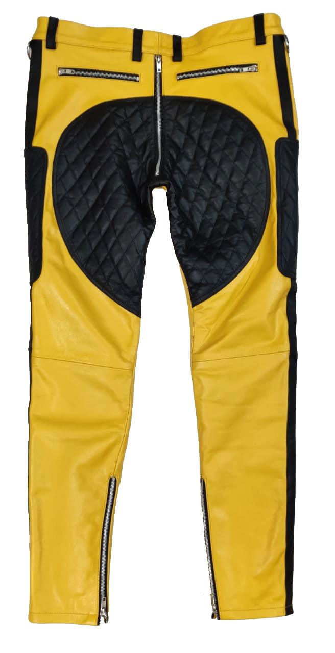 Men’s Quilted Yellow & Black Leather Carpenter Pants – Real Cowhide