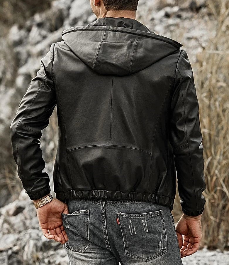 Men’s Real Lamb Leather Hooded Jacket with Drawstring & Zip Front