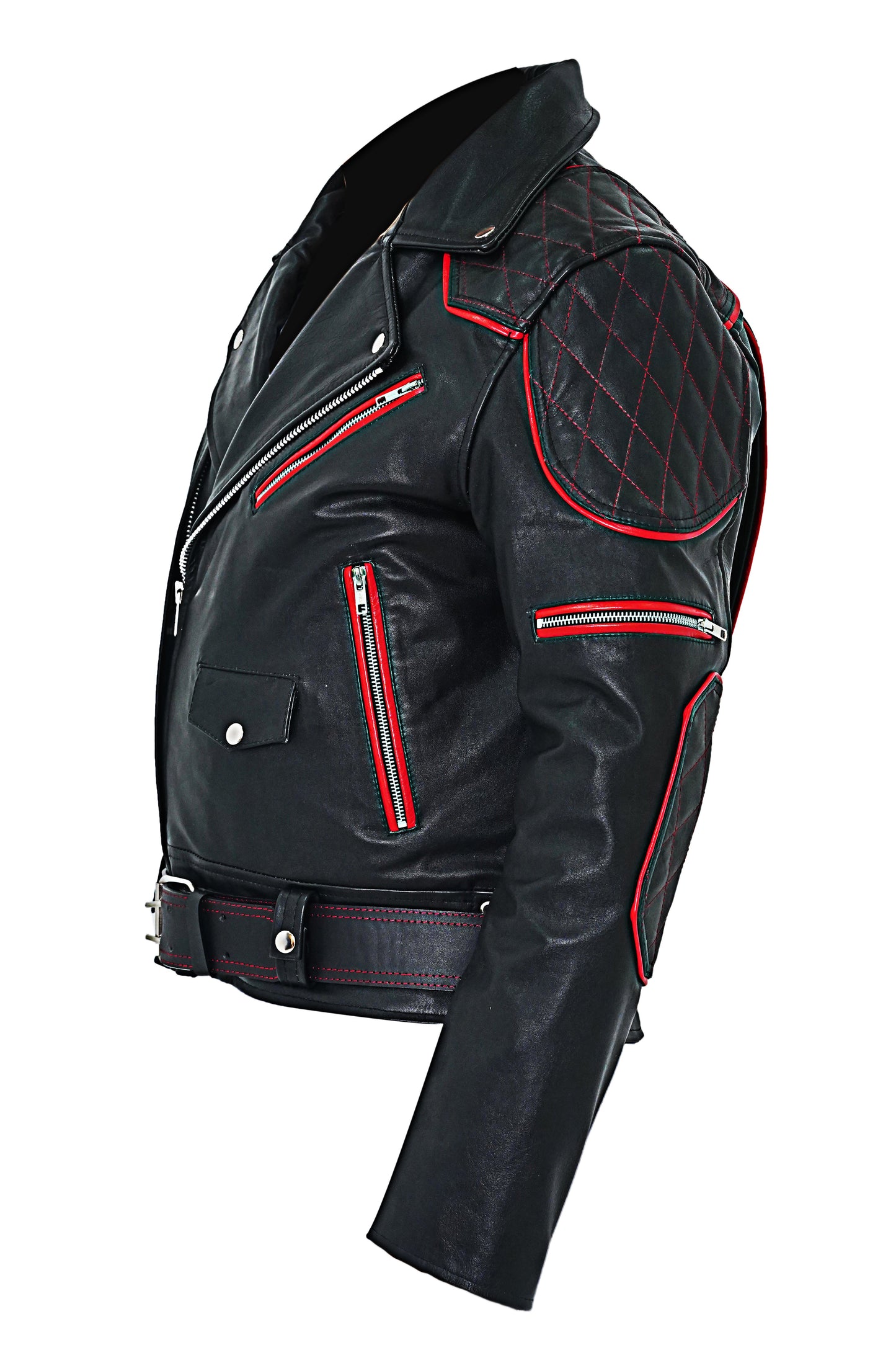 Men's Brando Cowhide Leather Biker Jacket with Quilted Panels & Red Accents