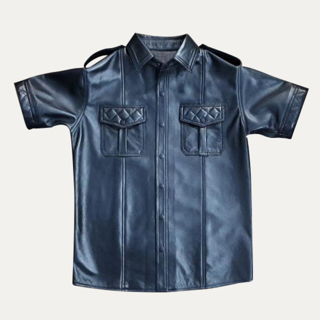 Men’s Lamb Leather Police Shirt – Quilted Gay Fetish Leather Shirt