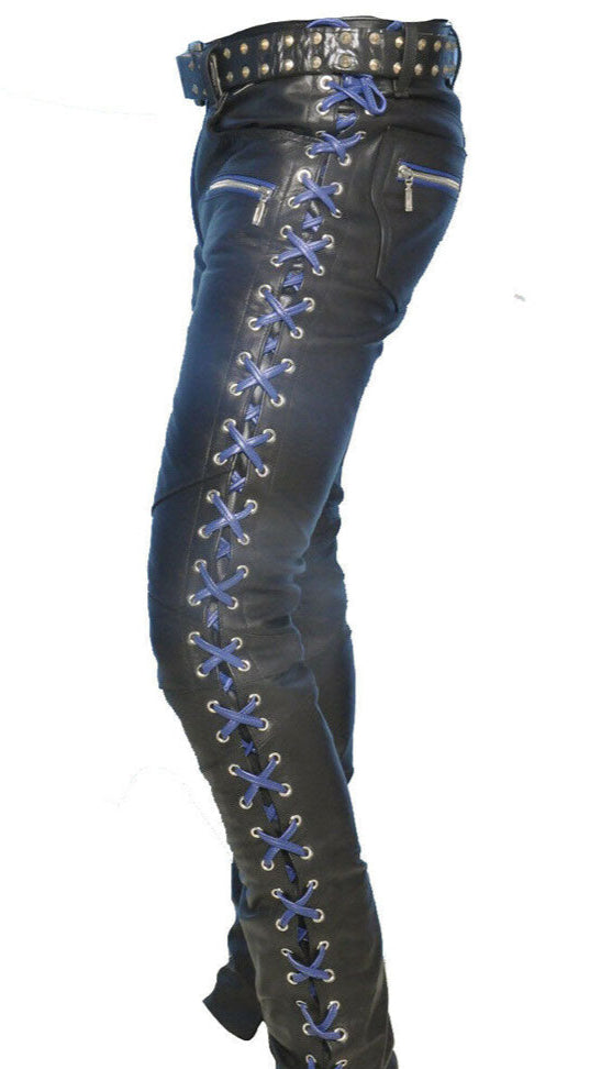 Men’s Cowhide Leather Lace-Up Pants – Contrast Laces Biker Style