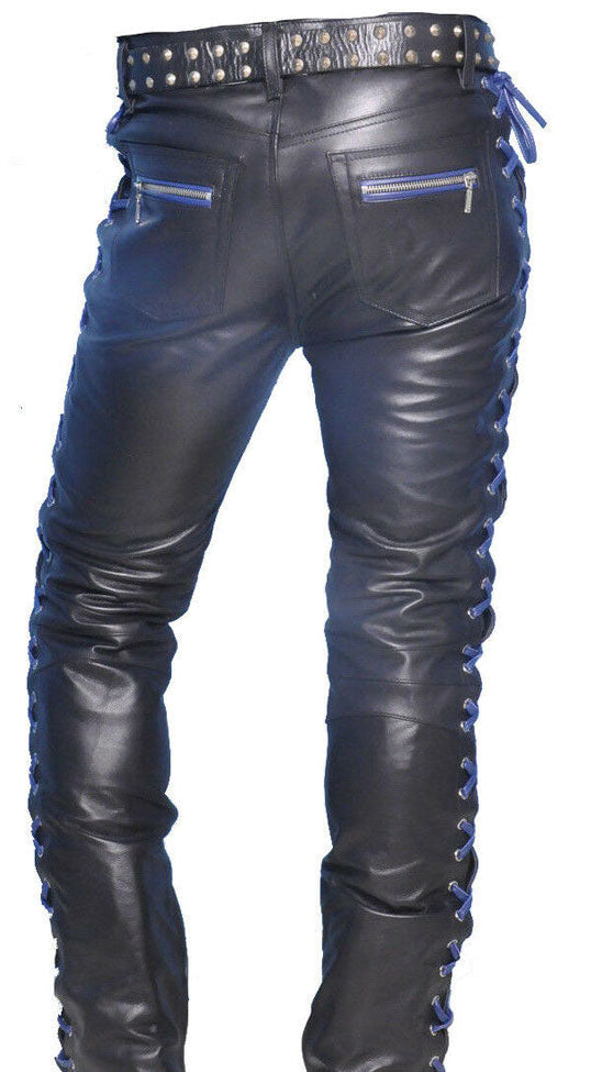 Men’s Cowhide Leather Lace-Up Pants – Contrast Laces Biker Style