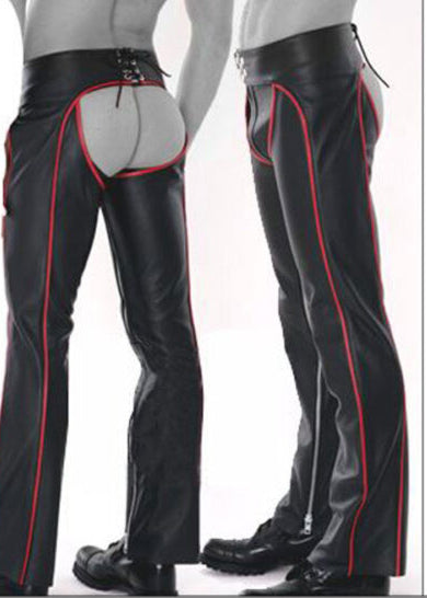 Men’s Cowhide Leather Biker Chaps with Red Piping & Codpiece