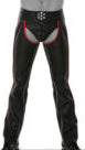 Men’s Cowhide Leather Biker Chaps with Red Piping & Codpiece