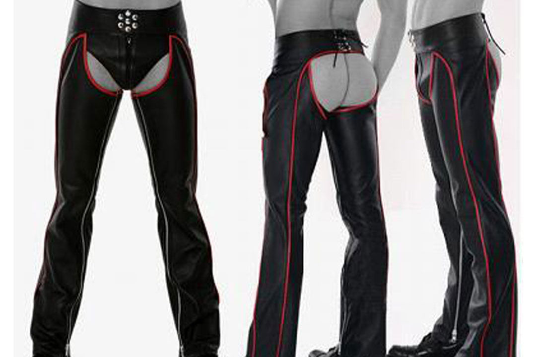 Men’s Cowhide Leather Biker Chaps with Red Piping & Codpiece