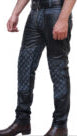 Men’s Blue Distressed Leather Biker Pants – Handmade Cowhide with Quilted Panels