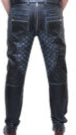 Men’s Blue Distressed Leather Biker Pants – Handmade Cowhide with Quilted Panels