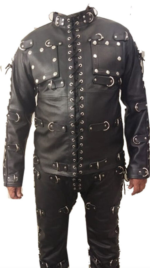 Men’s Heavy Duty Leather Bondage Suit – Full Body Restriction Catsuit with D-Rings
