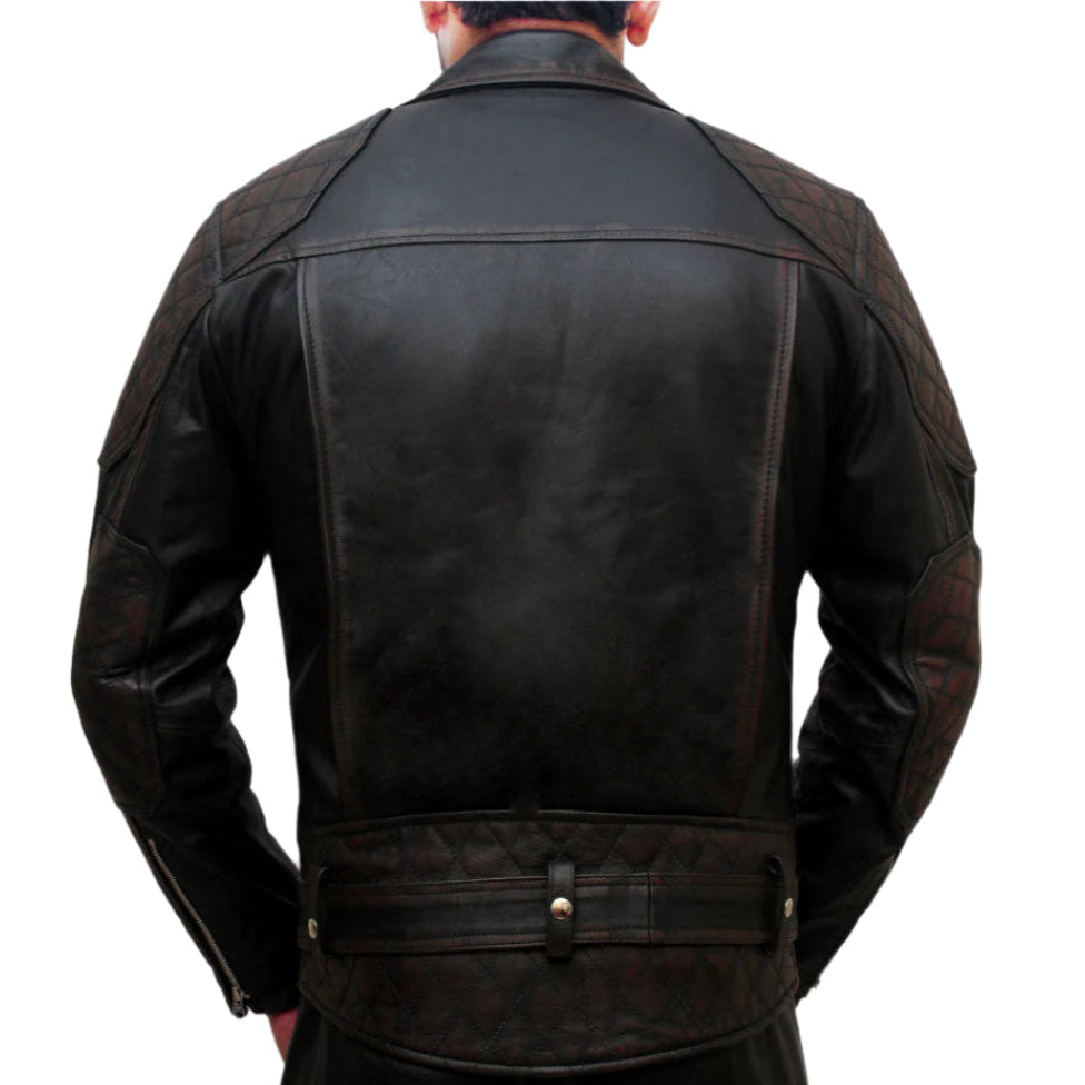 Men's Distressed Cowhide Biker Jacket – Brando Style with Quilted Panels