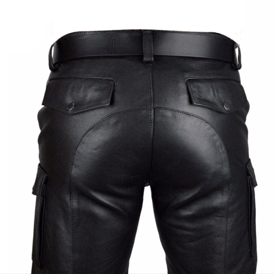 Men’s Cowhide Leather Cargo Shorts with 7 Pockets – Clubwear Style Belt Included