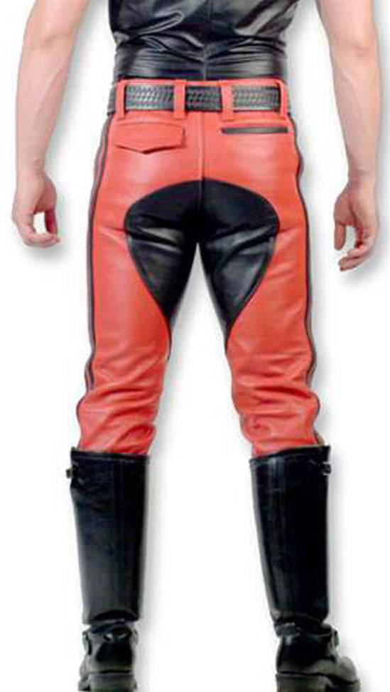 Men’s Red Leather BLUF Biker Pants – Cowhide with Black Side Stripes