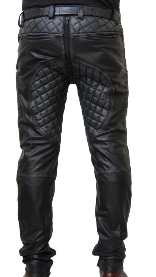 Men’s Distressed Cowhide Quilted Biker Pants – Handmade Leather Trousers