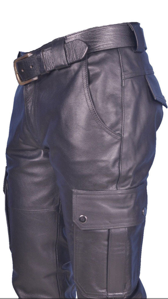 Men’s Cowhide Leather Cargo Biker Pants – Multi Pocket Trousers