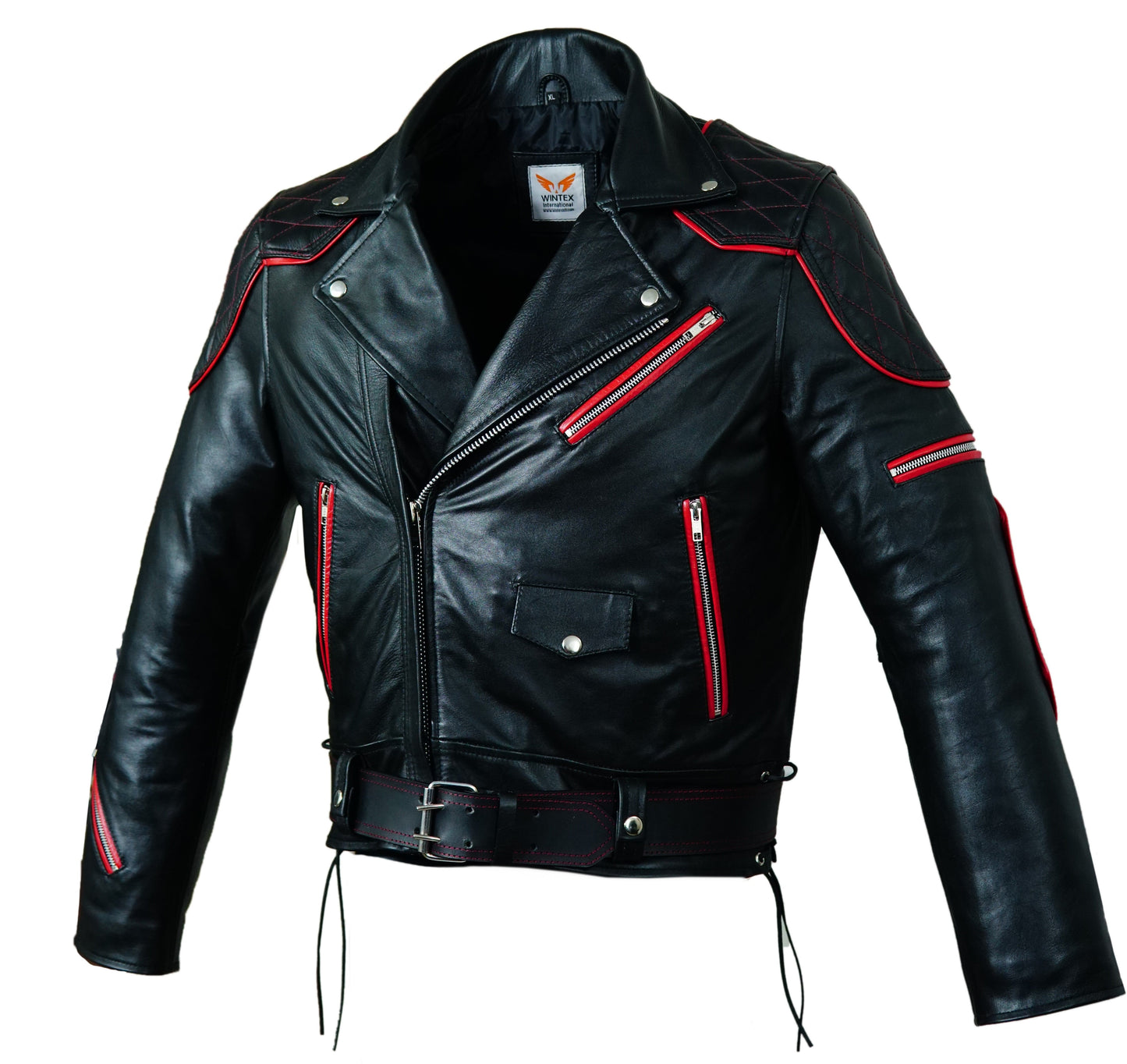Men's Brando Cowhide Leather Biker Jacket with Quilted Panels & Red Accents