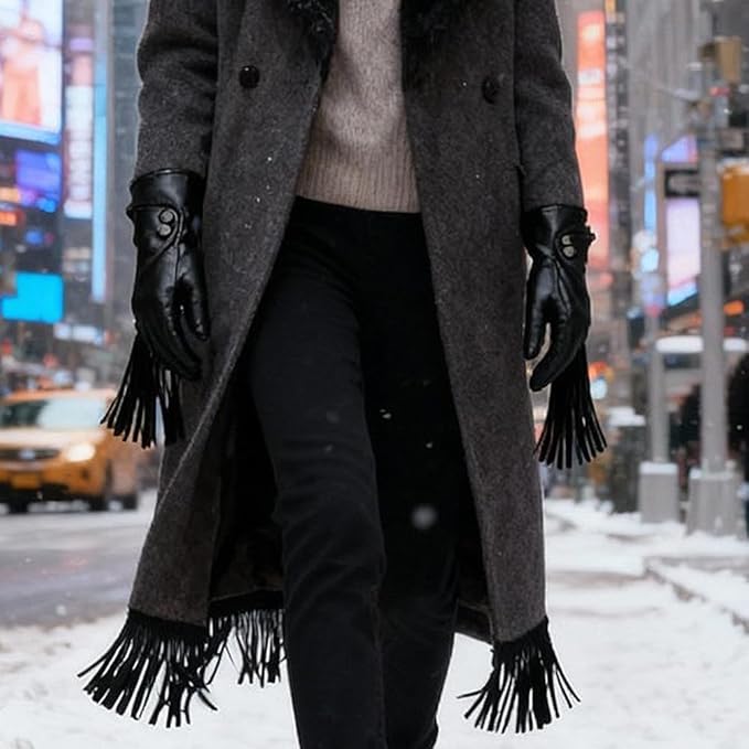 Stylish women’s black leather touchscreen gloves with thermal lining and waterproof design, perfect for winter driving and everyday cold-weather wear.