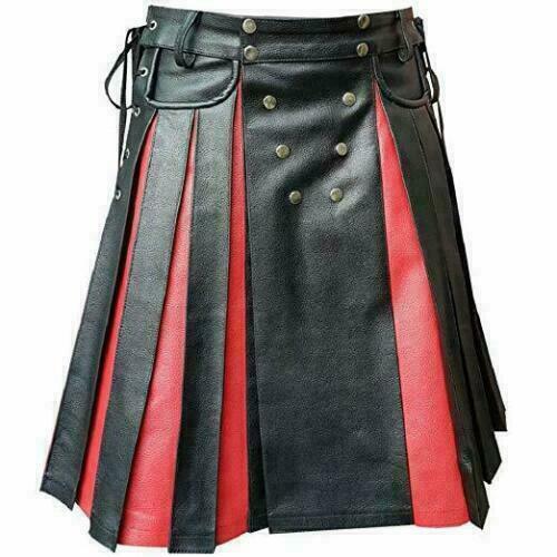 Men’s Real Cowhide Leather Utility Kilt with Side Laces, Pockets & Red/Blue Trims