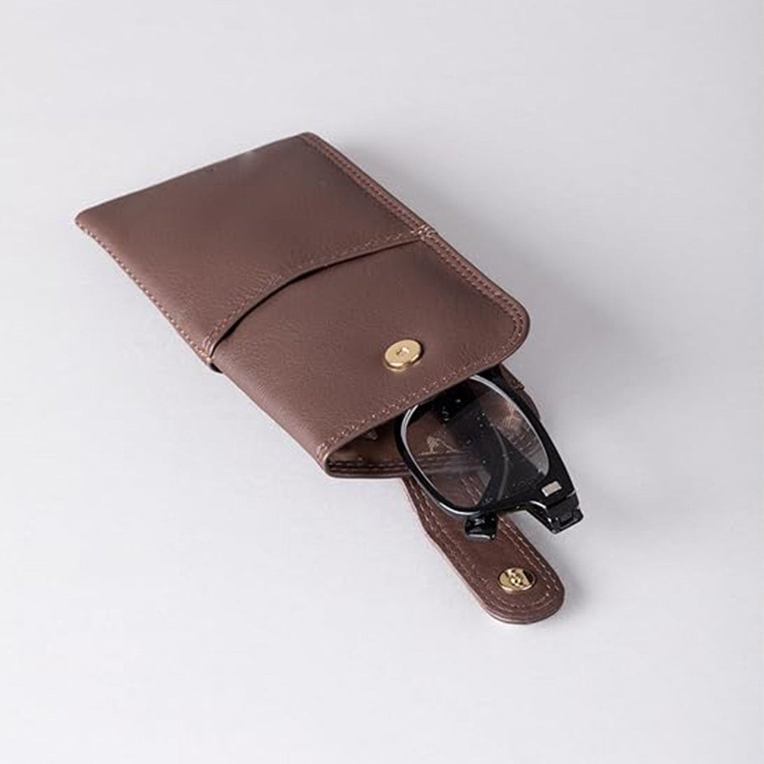 Slim Genuine Brown Leather Glasses Case – Magnetic Eyewear Pouch for Reading Glasses & Sunglasses