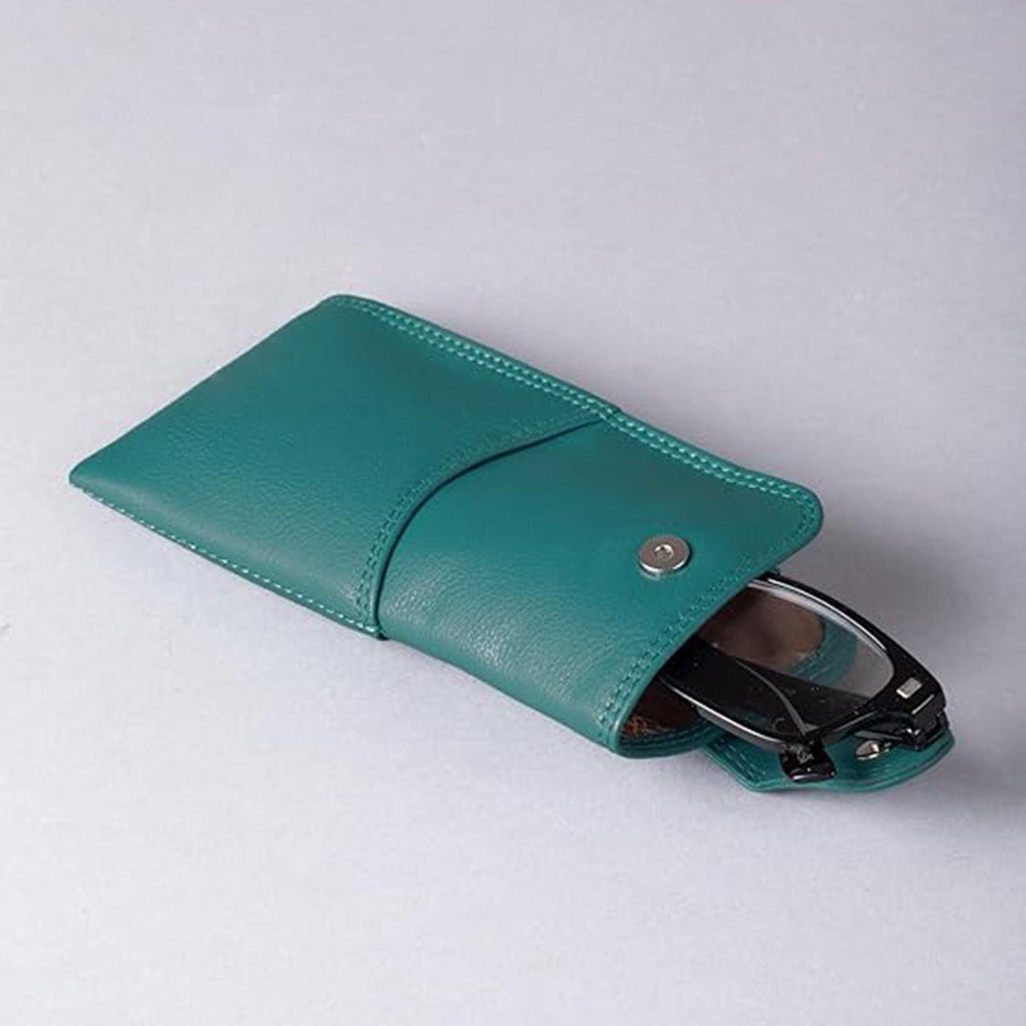 Slim Genuine Teal Leather Glasses Case – Magnetic Eyewear Pouch for Reading Glasses & Sunglasses