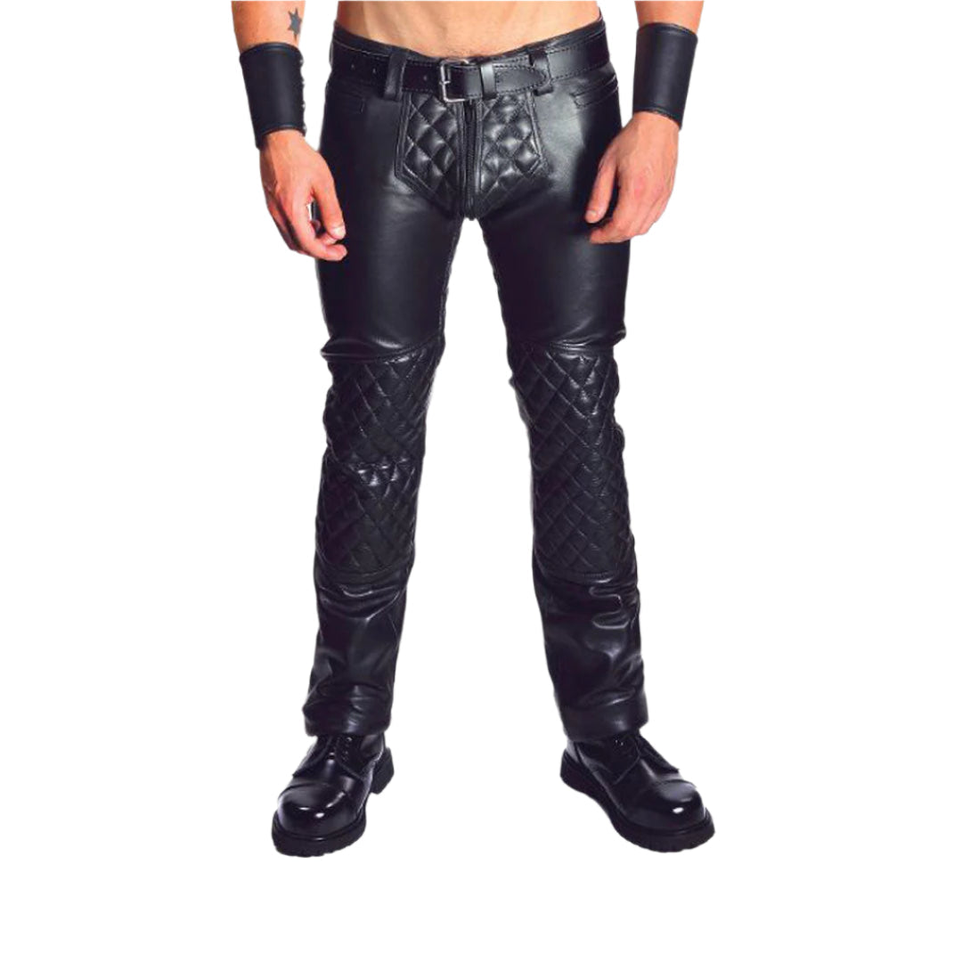 Men’s Quilted Leather Biker Pants – Soft Cowhide BLUF Style with Double Zips