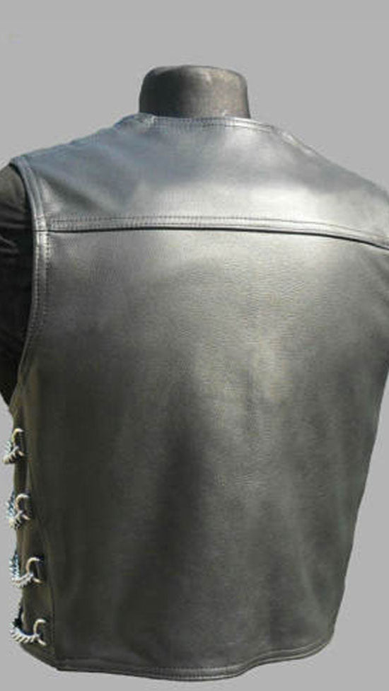Men’s Genuine Leather Steampunk Bikers Vest with Chains and Buckles