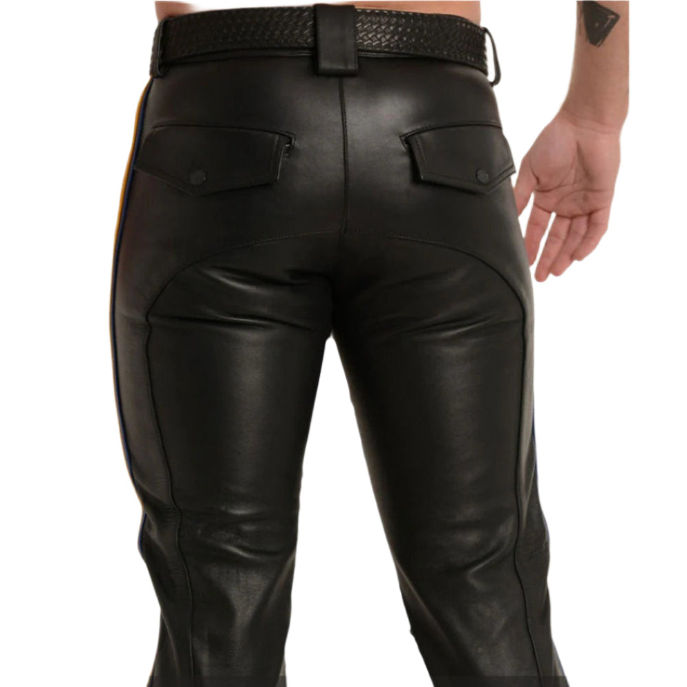 Men's Genuine Cowhide Leather Biker Pants with Side Stripes & YKK Zippers