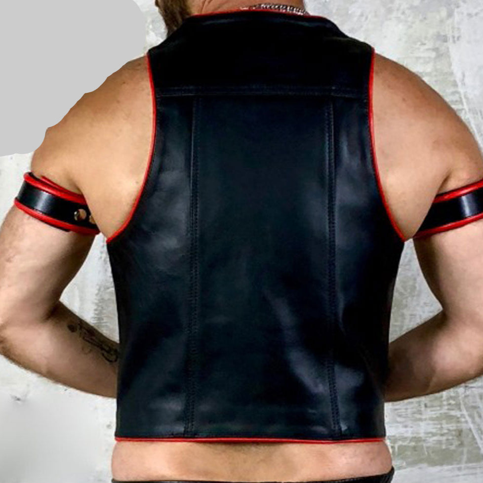Men’s Cowhide Leather Biker Vest with Piping + Free Armbands