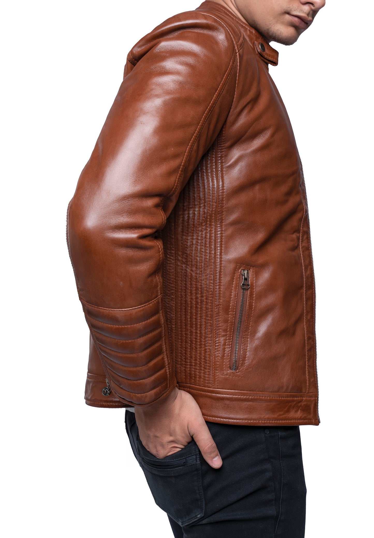 Men's Vintage Lambskin Cafe Racer Leather Jacket with Quilted Panels