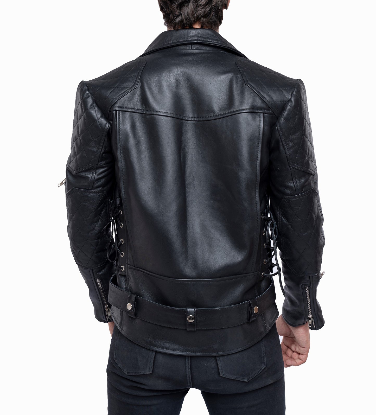 Men's Brando Biker Jacket in Real Cowhide with Quilted Panels & Side Laces