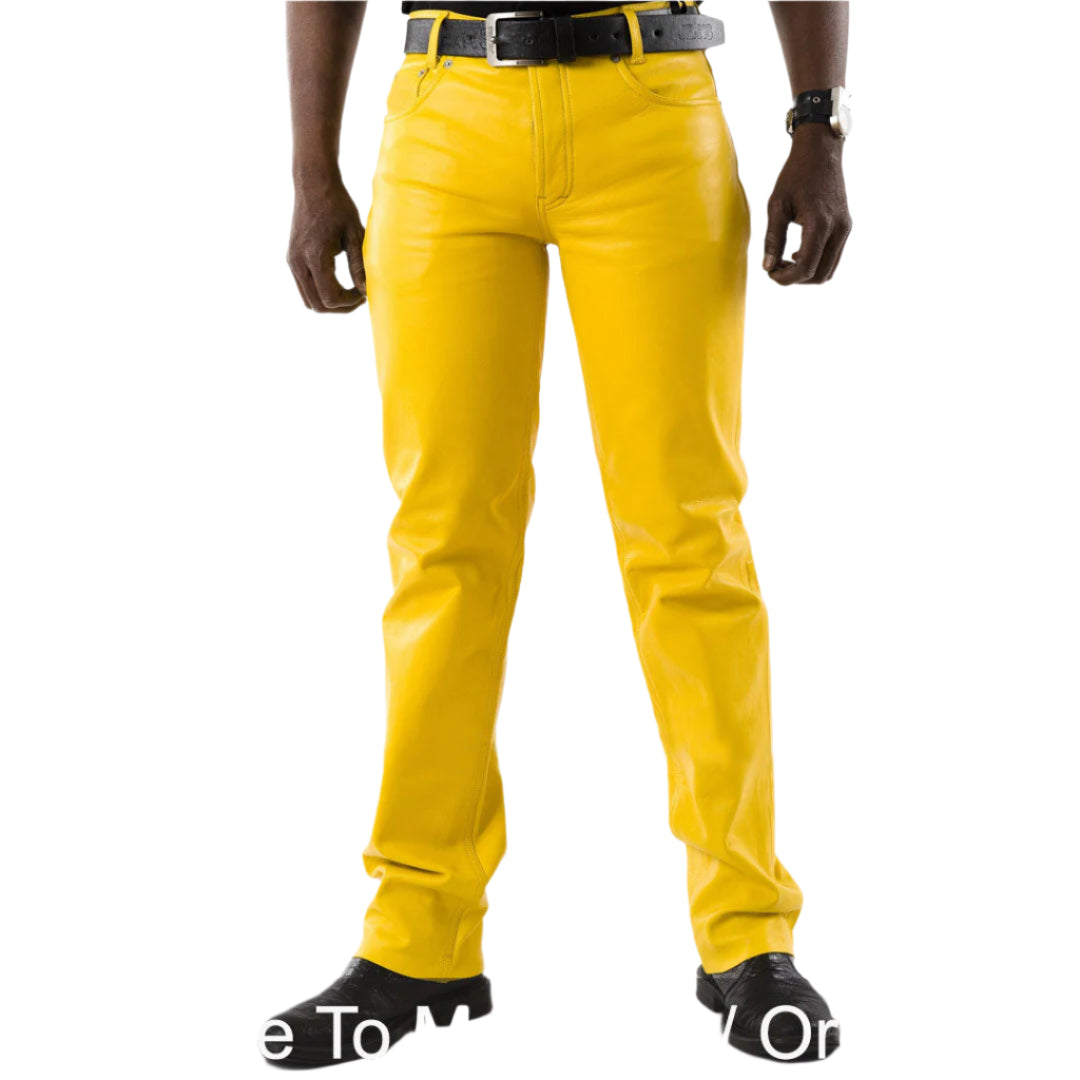 Men’s Yellow Leather Biker Pants – 5-Pocket Cowhide Jeans with Zip Fly