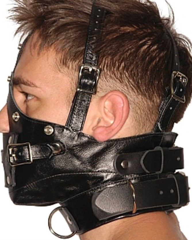 Genuine Leather Muzzle Hood with Blindfold & Gag β Adjustable Bondage Mask
