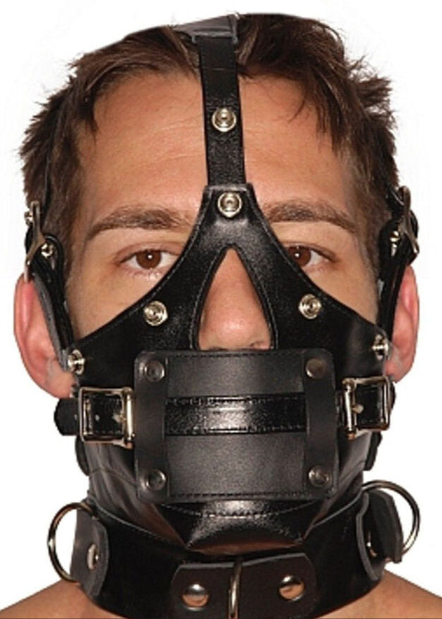 Genuine Leather Muzzle Hood with Blindfold & Gag β Adjustable Bondage Mask