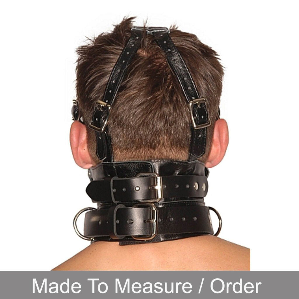 Real Leather Muzzle Hood with Adjustable Gag & Blindfold- Bondage Mask