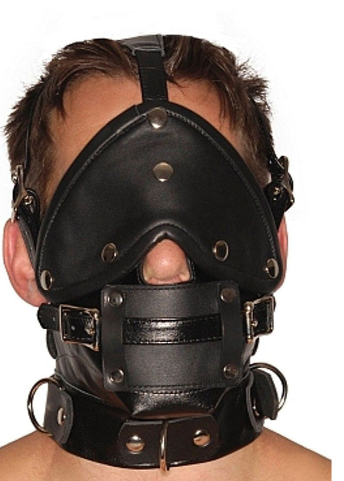 Genuine Leather Muzzle Hood with Blindfold & Gag β Adjustable Bondage Mask