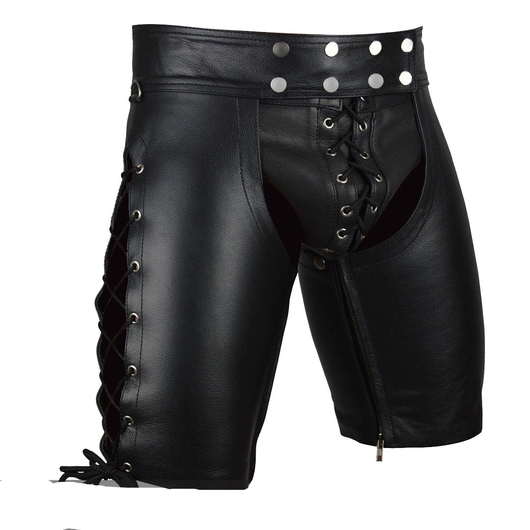 Men’s Cowhide Leather Laced Chaps Shorts for Clubwear