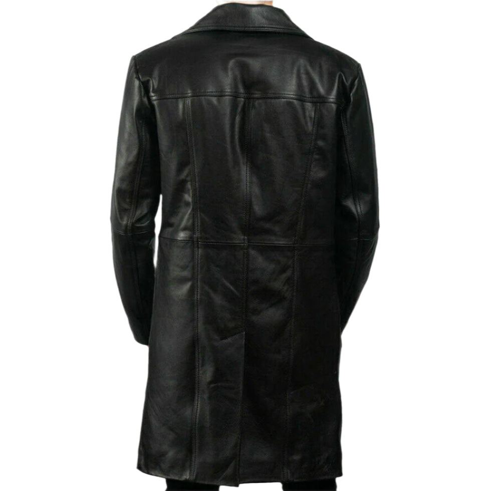 Men’s Real Lamb Leather Trench Coat – Handmade Knee-Length Biker Jacket