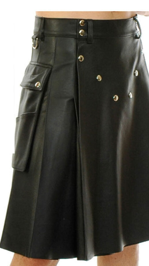 Men’s Black Leather Pleated Utility Kilt with Pockets