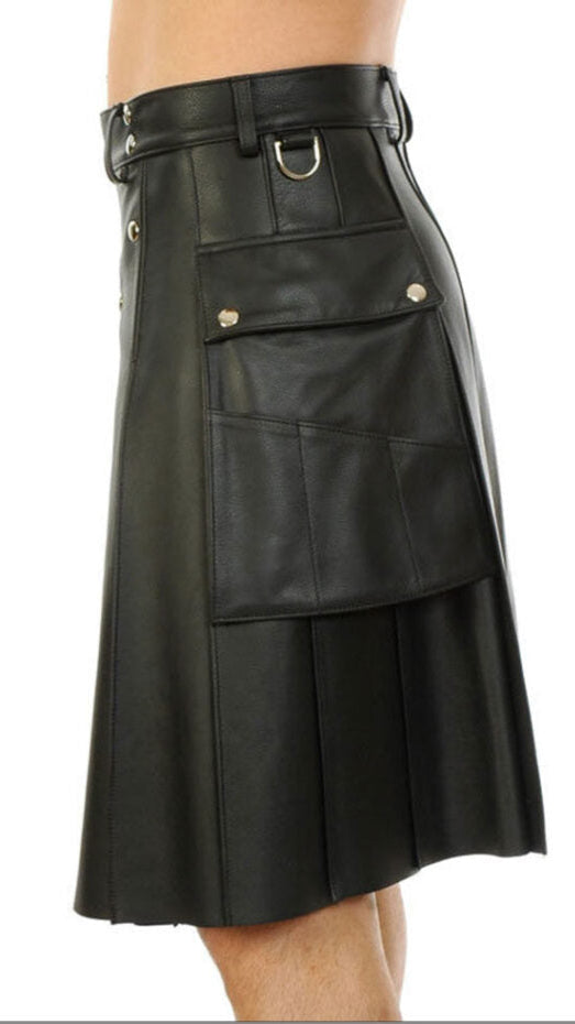 Men’s Black Leather Pleated Utility Kilt with Pockets